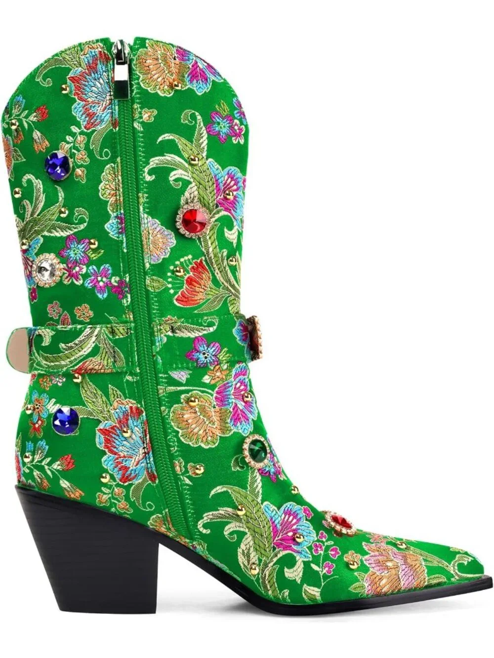 Women's Green Western Floral Embroidery Rhinestone Sparkly Cowgirl Mid Calf Boot